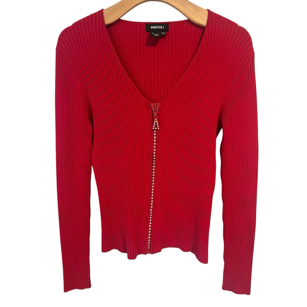 Radzoli Red Full Zip Long Sleeve Ribbed Top Size Small